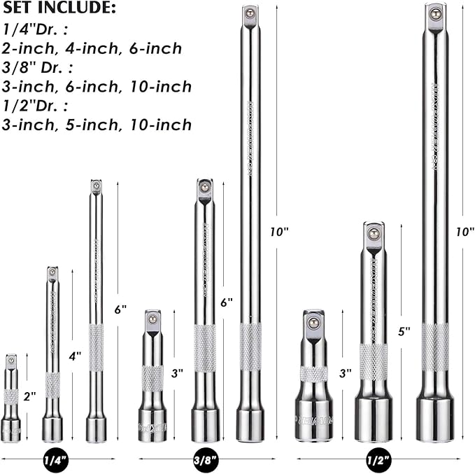 MIXPOWER 9-Piece Extension Bar Set, 1/4", 3/8" and 1/2" Drive Socket Extension Bar, CR-V, Mirror Finish
