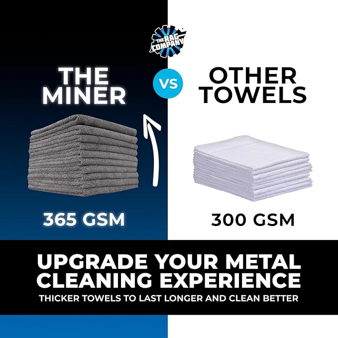 The Rag Company - Mini-Miner - Professional Metal Polishing Microfiber Towels for Cars, Safe on High-End Wheels and Soft Metals, 70/30 Blend, Dual-Pile, 365gsm, 10in x 10in, Grey (4-Pack)