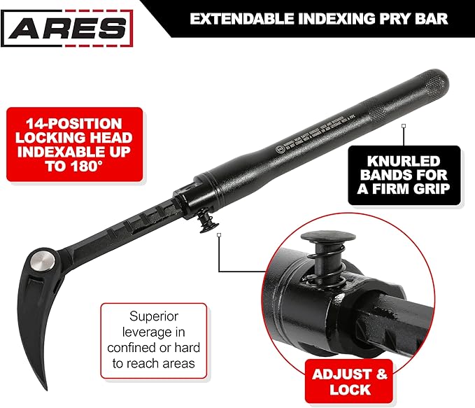 ARES 46000-13.3-Inch to 18.5-Inch Pry Bar - Indexable Bar, Extendable Reach - 14-Position Adjustable Angle Head - Chrome Vanadium Steel