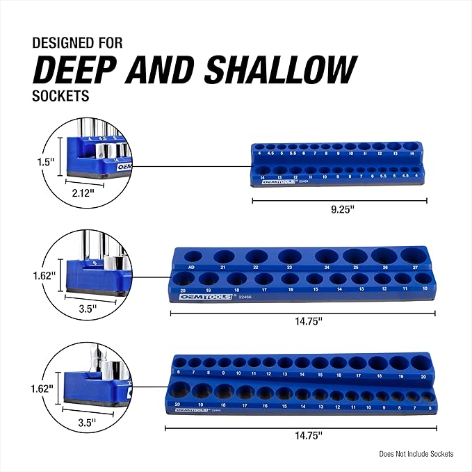 OEMTOOLS 22486 3 Piece Metric Magnetic Socket Tray Set, Magnetic Socket Organizer Holds Up to 75 Sockets in 1/4", 3/8", and 1/2" Sizes, Blue Magnetic Socket Holders