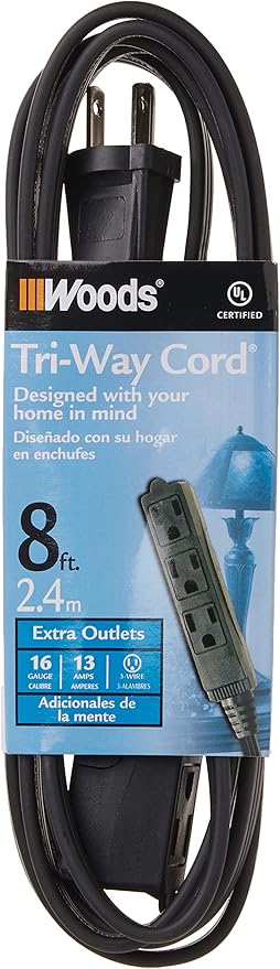 Woods Light Duty Extension Cord, 8Ft, 16 Gauge, 3 Conductor, 3 Outlets, Indoor Extension Cord, Black, 2611