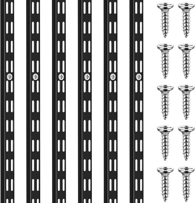 MorningRo 6 Pcs Dual Track Upright Wall Shelving System Heavy Duty Support System Twin Slot Shelf Rail Shelf Standards for Pantries Linen Closets Laundry Rooms(Black,47.5 Inch)