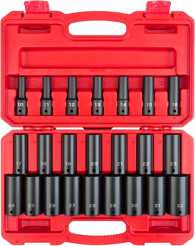 TEKTON 1/2 Inch Drive Deep 6-Point Impact Socket Set with Case, 23-Piece (10-32 mm) | SID92330