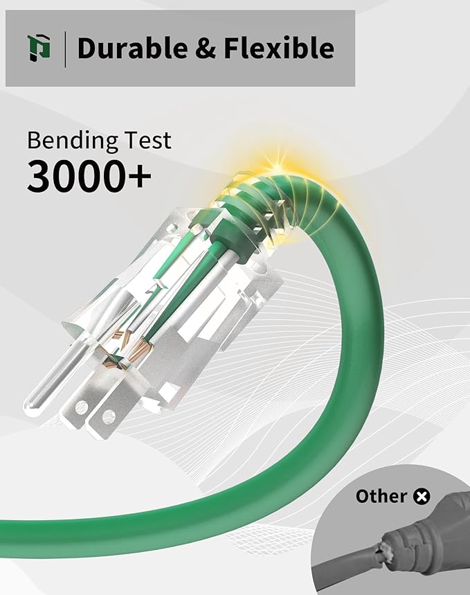 6Ft 12/3 Outdoor Extension Cord with 3-Outlets, Heavy Duty 12 Gauge 3 Prong Extension Cord Waterproof with Lighted end, 15A 12AWG 1875W SJTW, ETL Listed - Great for Garage, Garden and Home, Green