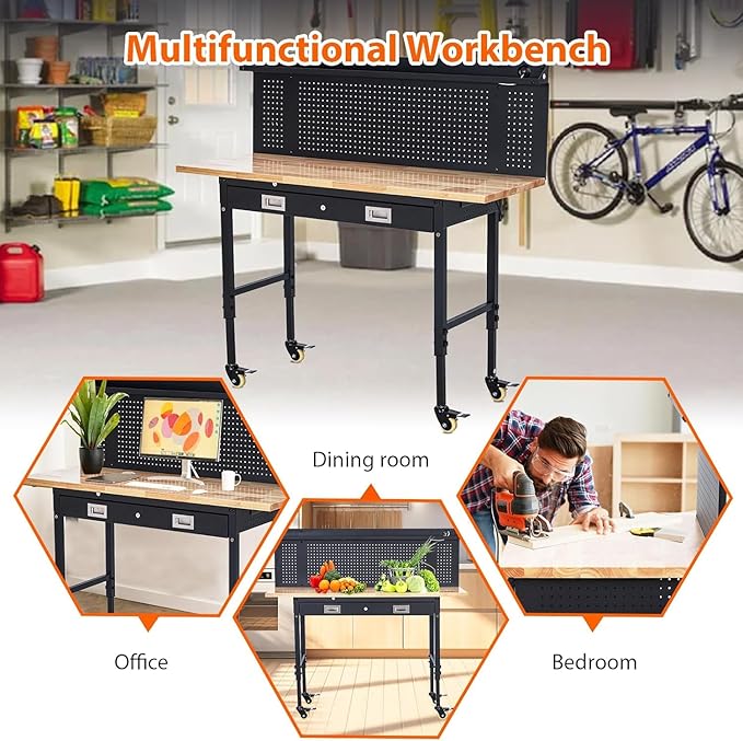 Workbench 60" x 22" Adjustable Height Worktable, Heavy Duty Rubber Wood Top, 2000 LBS Load Capacity, Tool Storage Workstation with Drawer, Pegboard, Power Outlets & Lockable Wheels