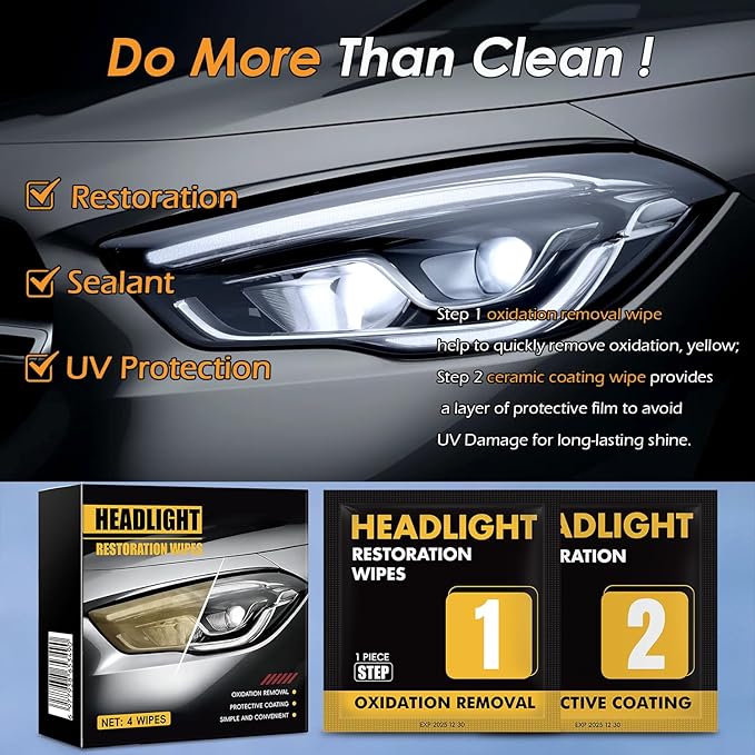Headlight Restoration Kit, 2-Step Headlight Cleaner & Protective Coating Wipes, Removes Oxidation & Restores Clarity, Long-Lasting UV Protection, Headlight Polish No Tool Required