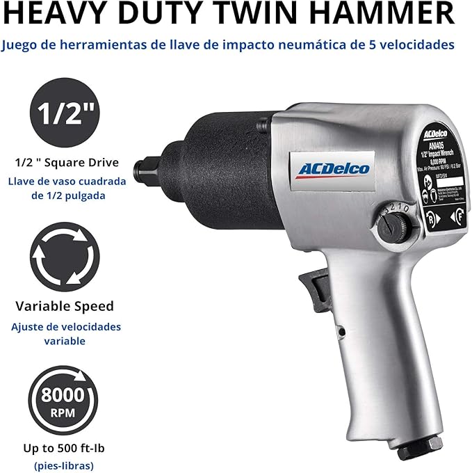 ACDelco ANI405A Heavy Duty Twin Hammer ½” 500 ft-lbs. 5-Speed Pneumatic Impact Wrench Tool Kit