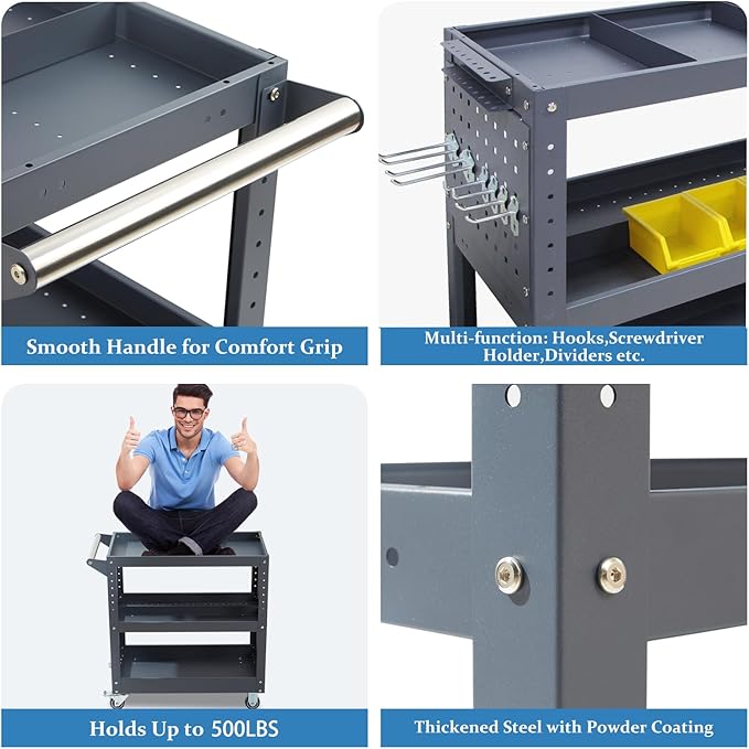 3 Tier Rolling Tool Cart, 500 lbs Capacity, 31.5"x29"x15", Mechanics Cart with 4 Dividers, Mesh Panel & Screwdriver Shelf