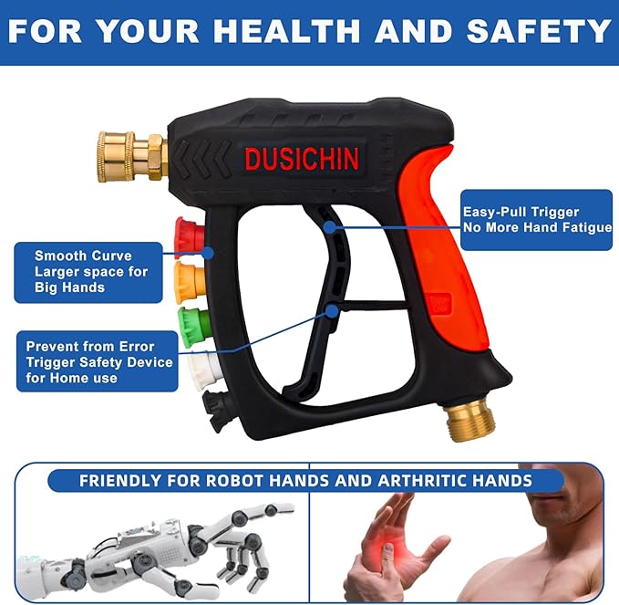 DUSICHIN Short Pressure Washer Wand High Spray Gun 5 Nozzle Holders 3000 PSI,Foam Cannon Attachment 1/4" Quick Connector Outlet,M22-14mm M22-15mm Fitting, Not fit for Garden Hose
