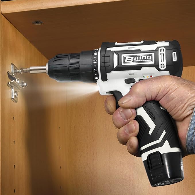 12V Cordless Drill Driver Kit, 2-Speed 0-1600 RPM, 25+1 Torque, 3/8" Keyless Chuck, LED Light, Battery & Charger, Drill Bits Set, for Wood/Metal/Plastic DIY Projects, Home Repair