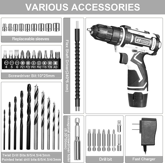 12V Cordless Drill Driver Kit, 2-Speed 0-1600 RPM, 25+1 Torque, 3/8" Keyless Chuck, LED Light, Battery & Charger, Drill Bits Set, for Wood/Metal/Plastic DIY Projects, Home Repair