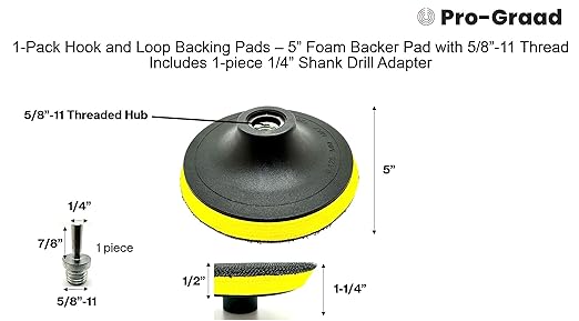 1 Pack 5" Hook and Loop Backing Pads Foam Backer Pad with 5/8”-11 – 5 inch Backup Pads for use with Angle Grinder or Drill Sanding Polishing Discs – Includes 1 Each 1/4" Shank Adapter