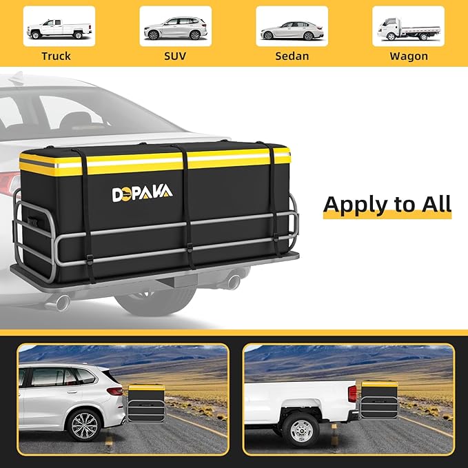 Hitch Cargo Carrier Bag 100% Waterproof Hitch 18.2 Cubic Feet 58.5" x 22" x 25" Hitch Cargo Bag Include 6 Reinforced Straps for Truck Pickup All Vehicle with Storage Bag
