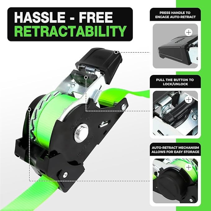 Retractable Ratchet Straps with Soft Loops(4 Pack)-(1,500lb Break Strength) -1 Inch x 12 Feet Heavy Duty Auto Self Retracting Tie Down Strap for Truck, Cargo Trailer, Motorcycle, Rad & More