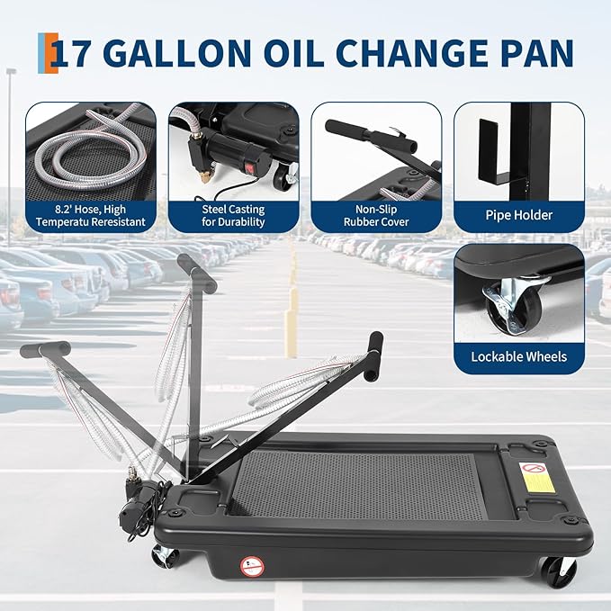 Oil Drain Pan 17 Gallon Oil Drain Tank,64L Low Profile Oil Drain Pan with Electric Pump,Oil Catch Pans for Changing Oil,Foldable Hand, with Hose, Swivel Casters for Car, SUV, Trucks Oil Draining Black
