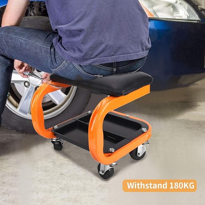 Heavy Duty Rolling Shop Stool, Mechanics Chair with Wheels, 400LBS Capacity Rolling Stool for Garage with Casters, Mechanics Roller Seat with Segmented Tool Tray and Comfortable Leather Cushion