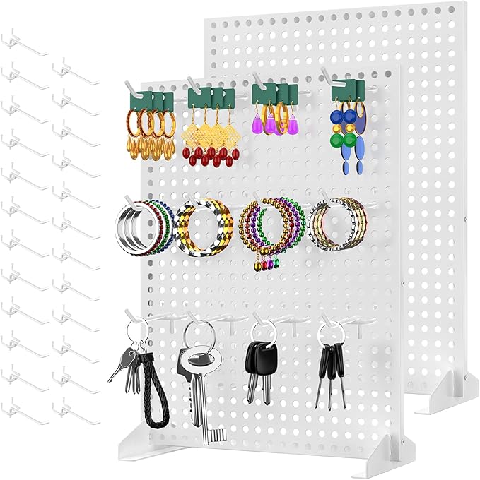 Peg Board Display Stand for Vendors Jewelry Ornament Display 2Pcs 13" × 17" Metal Standing Pegboard with 24 Hooks Display Rack Organizer for Vendors Craft Shows & Retail Store