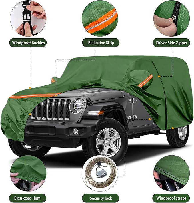Waterproof Car Covers Replace for 2007-2025 Jeep Wrangler 4 Door, Multilayer Heavy Duty with Cotton Liner All Weather Car Cover with Zipper Door, Windproof Bands for Snow Rain Dust Protection