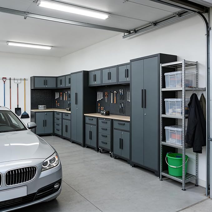 Garage Cabinets and Storage System, 17PCS Garage Storage Cabinet System Corner Workshop Set with Corner Cabinet, Cabinet Drawers, Workbench, Pegboard for Tool Organization, Black Grey