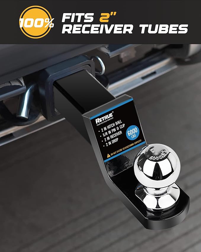 RETRUE 2 Inch Trailer Hitch Ball Mount with Hitch Pin, 7500lbs, 2 Inch Drop, Fits 2 inch Receiver, Black