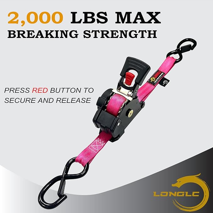 2-Pack Retractable Ratchet Straps Pink Heavy Duty - 1 Inch X 10Feet with Soft Loops, 2,000lbs Breaking Strength - Best for Trucks, Cargo Trailer, Motorcycle, Tie Down Straps Ratchet