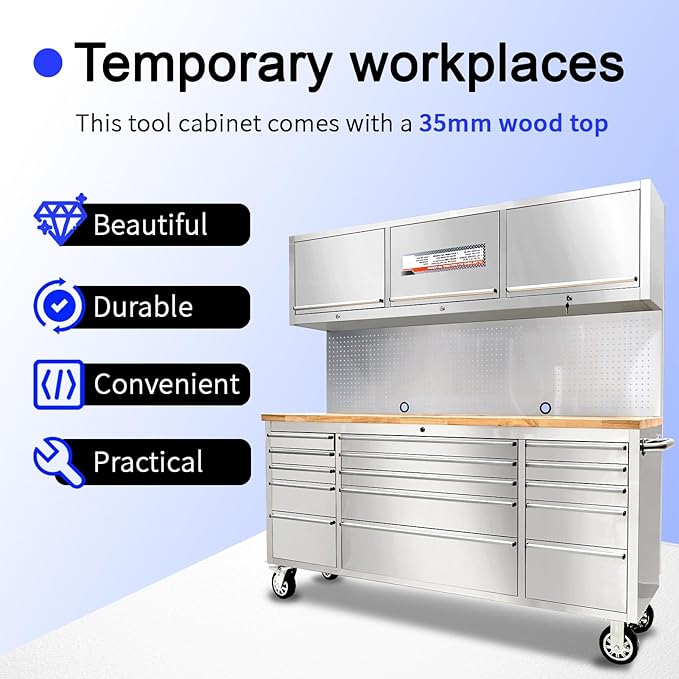 CHETTO C 72" Rolling Tool Box 15 Storage Drawers 3 Upper Cabinet Pegboard Large Tool Chest with Wheels for Warehouse Basement Home Pantry Garage Stainless Steel