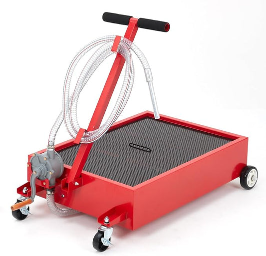 GarveeTech Oil Drain Pan 15 Gallon Oil Drain Tank,57L Low Profile Oil Drain Pan,Oil Catch Pans for Changing Oil,Foldable Hand, with Pump, Hose, Swivel Casters for Car, SUV, Trucks Oil Draining Red