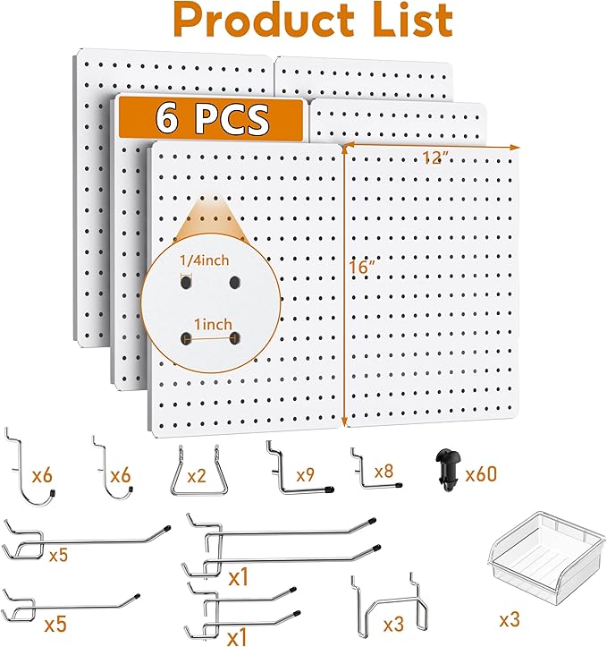 Peg Board, 112pcs Metal PegBoard Organizer with Accessories, 6 Pack 16'' x 12'' White Pegboard Panels with Hooks, Wall Organizer for Craft Room,Sewing Room,Office,Garage,Kitchen