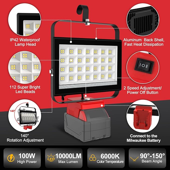 Cordless LED Work Light Compatible with Milwaukee 18V Battery, 100W 10000LM Flashlight, Flood Light Compatible with m18 Battery with USB & Type-C Charging and 140°Pivoting Head for Jobsite, Camping
