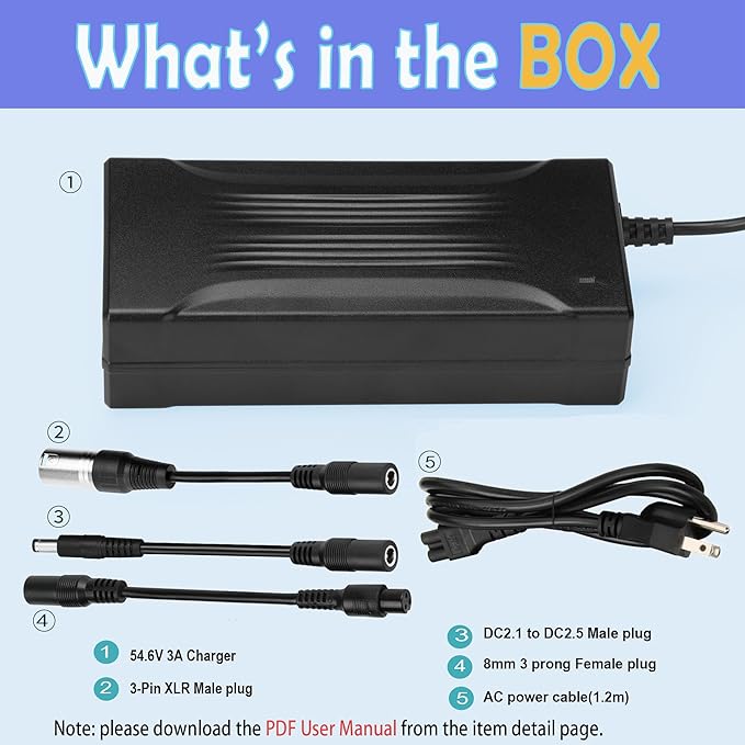 54.6V 3A Charger for 48V 13S Lithium Li-ion Battery Pack, 48 Volt Universal Battery Charger with 3 pin XLR Connector, 5.5 * 2.5mm, 5.5 * 2.1mm Male Plug, 8mm 3 Prong Female Plug