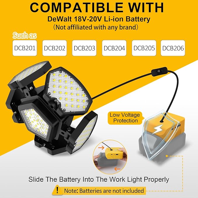 Cordless LED Work Light Compatible with DeWalt 20V Battery, 65W 6500LM Flood and Ceiling Pendant Light with USB & Type-C Charging Port, 5+1 Deformable Panels for Garage, Workbench, Job Site, Camping