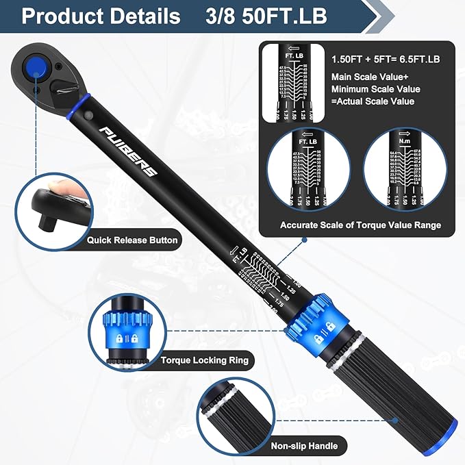 Torque Wrench 3/8 drive, 3/8 Inch Drive Click Torque Wrench Moto 5-50 FT.LB/6.8-67.8 Nm,Dual-Direction Adjustable 72 Tooth, Mechanic Wrenches Tools for Bike, Motorcycle and Car Repair