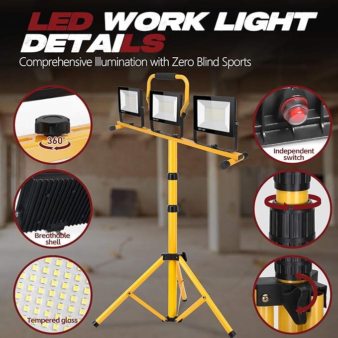 22000 Lumen Work Lights with Stand, 3 Adjustable Head LED Work Light, with Adjustable and Foldable Tripod Stand, Waterproof Lamp with Individual Switch with 6500 Kelvin Color （3head Yellow）