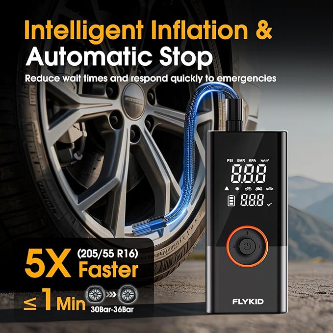FLYKID Tire Inflator Portable Air Compressor - 150PSI Digital Air Pump for Car Tires, Fast Inflation for SUV/Motorcycle/Bicycle, LED Light, Rechargeable Battery - Roadside Emergency (Medium)