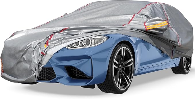 Car Cover Waterproof All Weather, 6 Layers XXL Full Exterior Covers with Zipper Cotton, Mirror Pocket. Outdoor Car Cover UV Snow Rain Wind Dust All Weather Outdoor Protection for Sedan (196-210 inch)