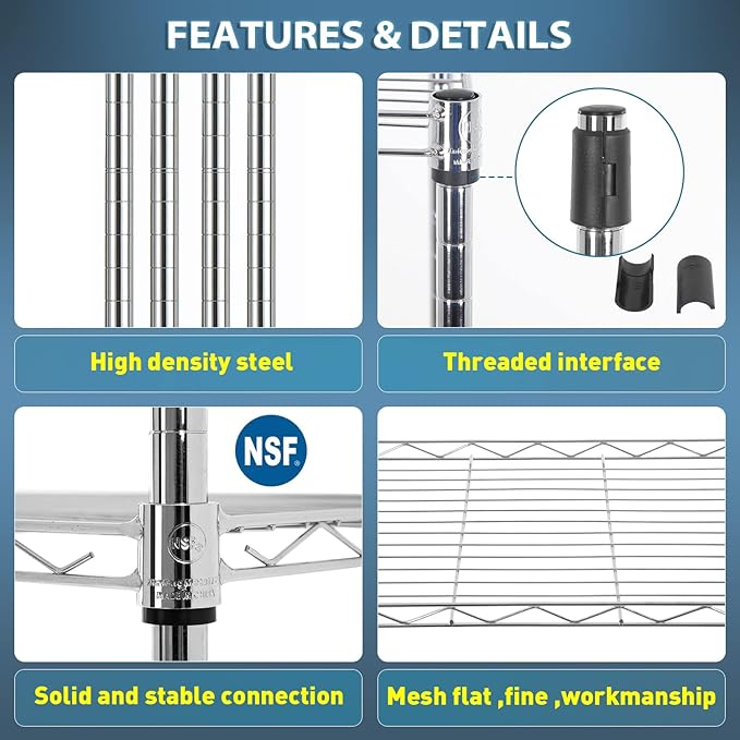 BestOffice Adjustable NSF-Certified Metal Shelf Wire Shelving Unit Storage for Small Places Restaurant Garage Pantry Kitchen Garage Rack (Chrome, 16.7L×11.8W×47.6H)