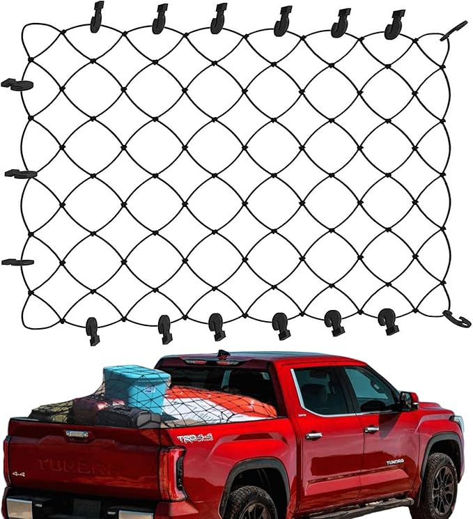 TacoNets Toyota Tundra Cargo Net - Patent Pending Deck Rail Integration - Fits 2007-2023 - 8mm Bungee - 4' x 6' Bungee Net - 6” Diamond Grid Pattern