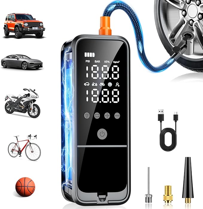 Tire Inflator Portable Air Compressor, 6000mAh Air Pump for Car Tires 160 PSI Portable Air Pump with Tire Gauge Pressure & LED Light & Auto Shut-Off Cordless Bike Pump for Car, Motor, Bike, Ball