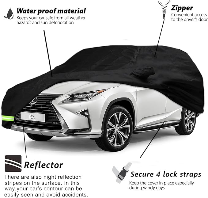 Yixin Waterproof Car Cover for 2004-2026 Lexus RX RX330 RX350 RX400H RX450H SUV Car Cover Custom Fit 100% Waterproof Windproof Strap & Single Door Zipper Up to 195” L (Black-for Lexus RX car Cover)