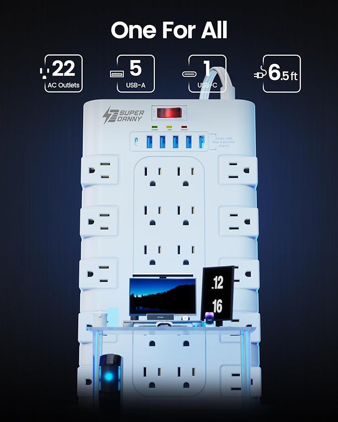 Flat Plug Power Strip, SUPERDANNY Surge Protector with 22 AC Outlets and 6 USB Charging Ports, 1875W/15A, 2100 Joules, 6.5Ft Heavy Duty Extension Cord for Home Office, Dorm, Gaming Room, White