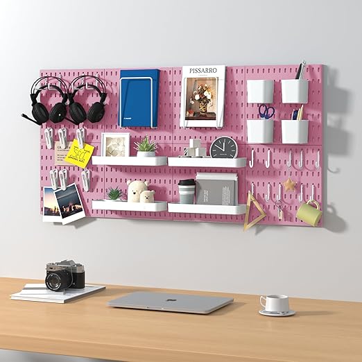 Pegboard Combination Kit, 8 Peg Boards and 30 Accessories Modular Hanging Black Pegboard for Walls, Office Wall Organizer, Keys Holder on Wall, Nursery Storage, 44"x22" Pink