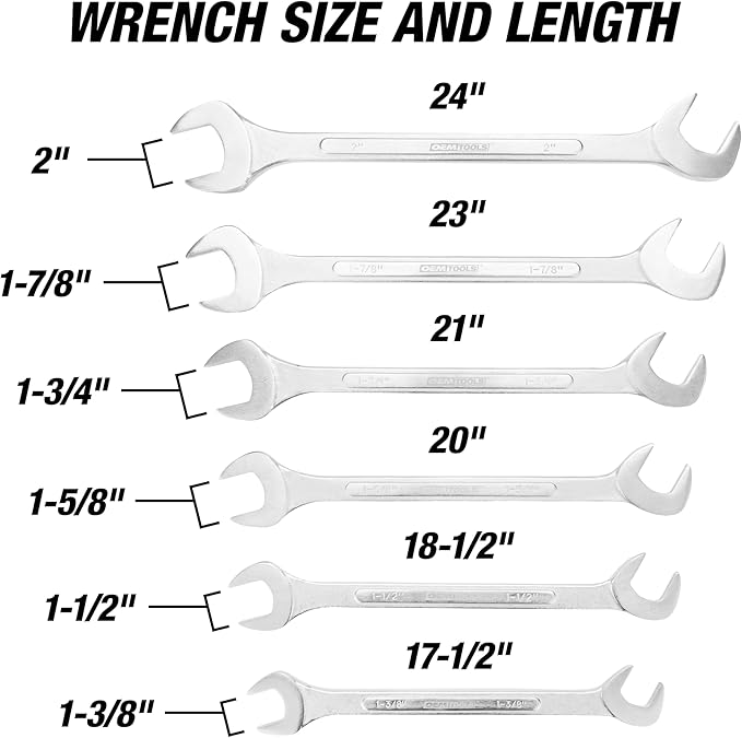 OEMTOOLS 22113 SAE Jumbo Angle Head Wrench Set, Large Fastener Access for Heavy-Duty Maintenance, 6 Piece 1-3/8" to 2" Wrenches, Chrome Finish, Carbon Steel, Wrench Roll Included