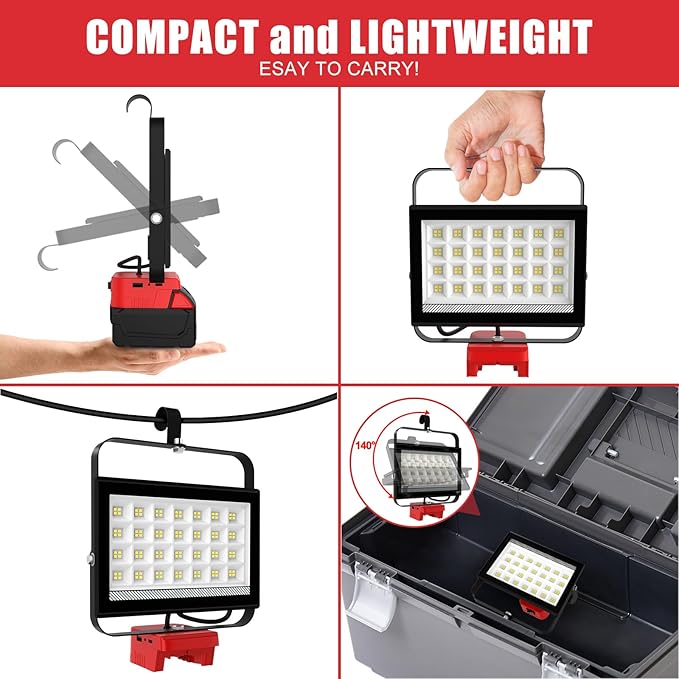 Cordless LED Work Light Compatible with Milwaukee 18V Battery, 100W 10000LM Flashlight, Flood Light Compatible with m18 Battery with USB & Type-C Charging and 140°Pivoting Head for Jobsite, Camping