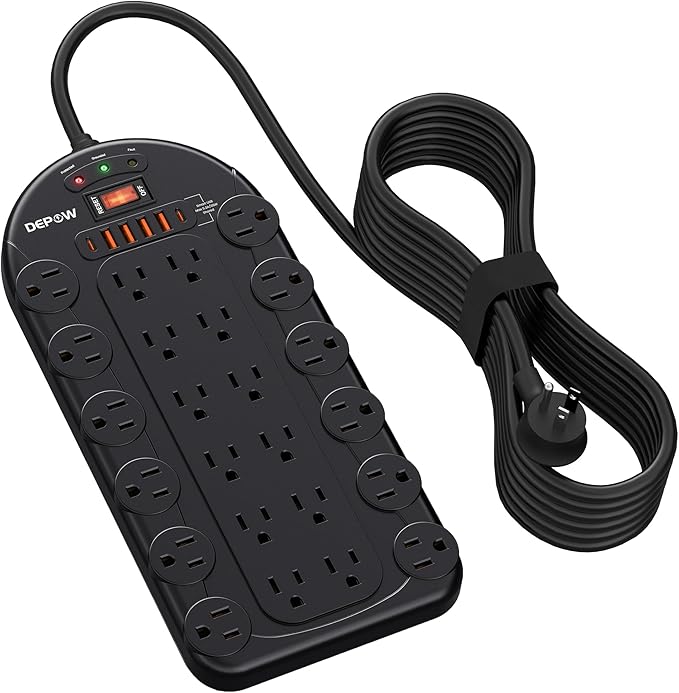 DEPOW 10Ft Power Strip Surge Protector with 24 AC Outlets (1875W/15A) 6 USBs (2 USB-C Ports), 3,400 Joules, Heavy Duty Flat Plug Extension Cord, Wall Mountable for Home, Office, Black, ETL Listed