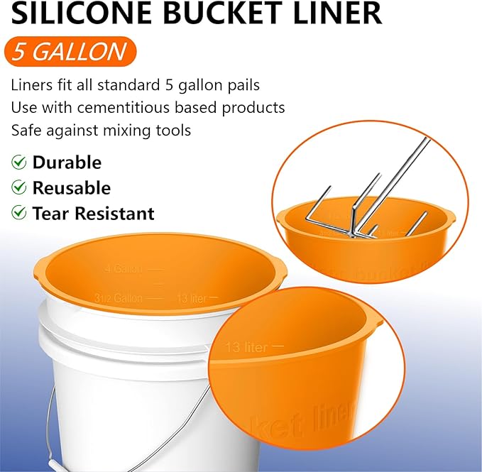 2-Pack 5 Gallon Silicone Bucket Liner – Reusable Rubber Bucket Saver for Thinset, Mortar, Grout, Concrete & Paint Mixing with Graduated Measurements, Fits Standard 5-Gal Buckets (Orange)