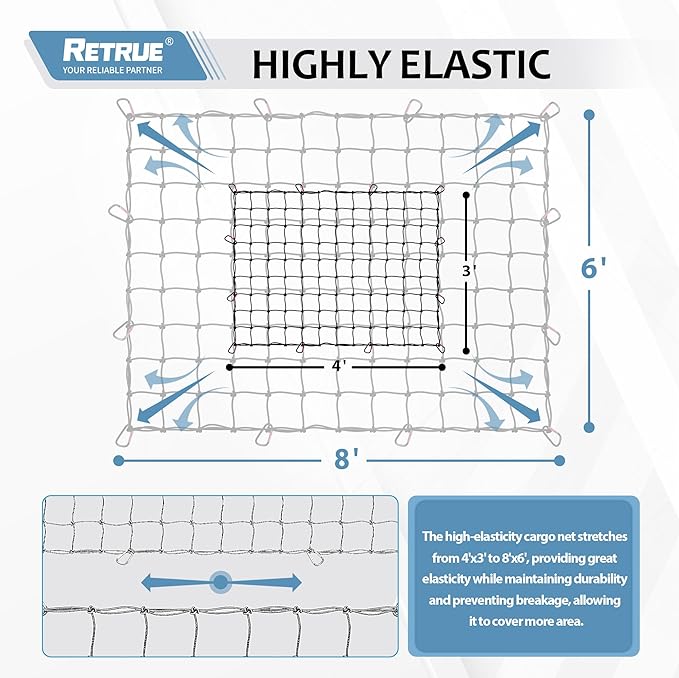 4' x 3' Cargo Net for Pickup Truck Bed Stretches to 8' x 6' with 12 Metal Carabiners - Truck Bed Accessories for Dodge RAM, Ford, Chevy, Toyota