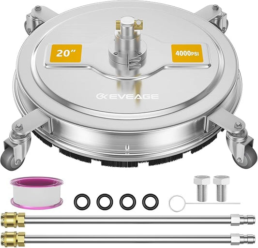 EVEAGE 20" Pressure Washer Surface Cleaner, Power Washer Surface Cleaner with 4 Wheels, Stainless Steel Housing Power Washer Accessories with 2 Extension Wand, 2 Replacement Nozzles (20inch-2)