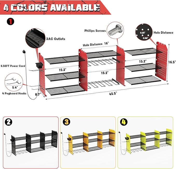 Power Tool Organizer Wall Mount with Charging Station, 8 Drills Holder Garage Wall Tool Organizer with 4 Pegboard Hooks, 6.5FT Outlet Power Strip, 45.5“ Heavy Duty Garage Organization for Mens Gifts