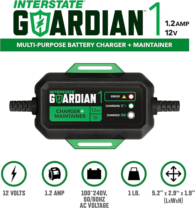 Interstate Batteries 12V Battery Charger and Maintainer (12V, 1.2A) Portable, Automatic, Trickle Charging for Automotive, AGM, Flooded, Gel, Lead-Acid, Powersports (CHGIB12)