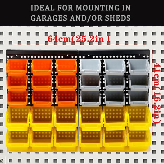 30-Bin Wall Mounted Storage Bins Kit, Tool Organizer Rack, Garage Hardware Organizer, Parts Storage Bins, DIY Combination(Grey & Orange & Yellow Type)